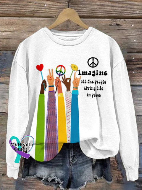 Retro Hippie Imagine All The People Living Life In Peace Print Sweatshirt White / S