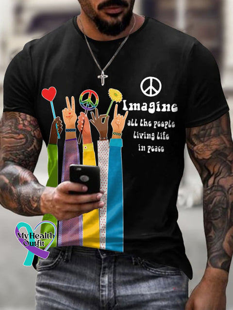 Retro Hippie Imagine All The People Living Life In Peace Print T-Shirt Black / S