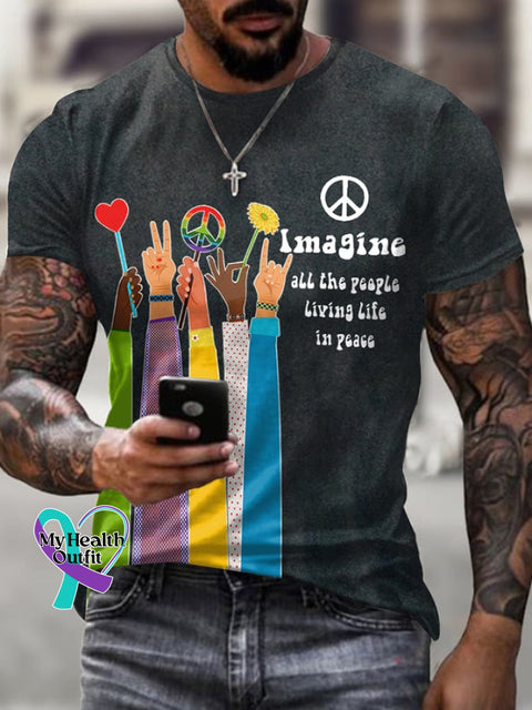 Retro Hippie Imagine All The People Living Life In Peace Print T-Shirt Dark Grey / S