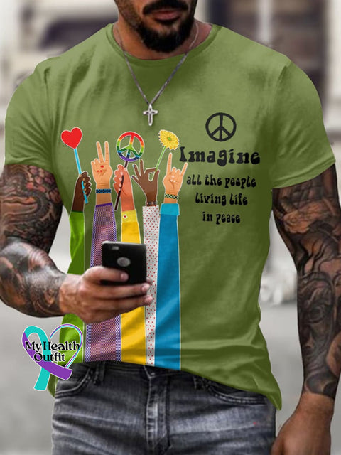 Retro Hippie Imagine All The People Living Life In Peace Print T-Shirt Green / S