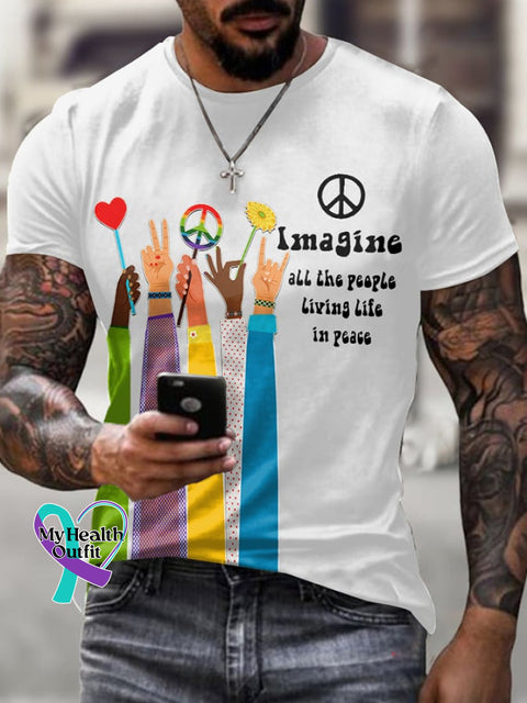 Retro Hippie Imagine All The People Living Life In Peace Print T-Shirt White / S