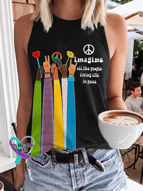 Retro Hippie Imagine All The People Living Life In Peace Print Tank Top Black / S