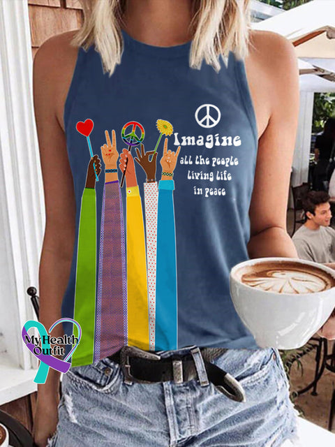 Retro Hippie Imagine All The People Living Life In Peace Print Tank Top Blue / S