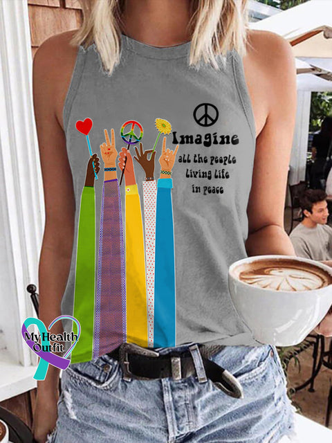 Retro Hippie Imagine All The People Living Life In Peace Print Tank Top Grey / S