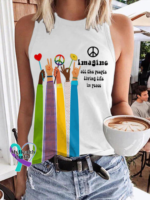 Retro Hippie Imagine All The People Living Life In Peace Print Tank Top White / S