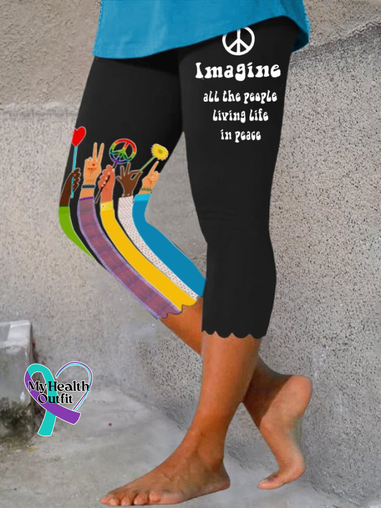 Retro Hippie Imagine All The People Living Life In Peace Wavy Side Print Leggings Black / S