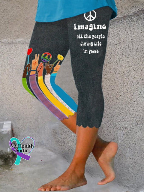 Retro Hippie Imagine All The People Living Life In Peace Wavy Side Print Leggings Dark Grey / S