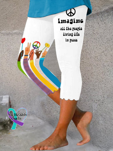 Retro Hippie Imagine All The People Living Life In Peace Wavy Side Print Leggings White / S