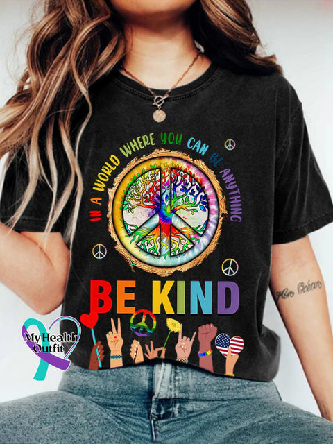 Retro Hippie In A World Where You Can Be Anything Kind Print T-Shirt Black / S