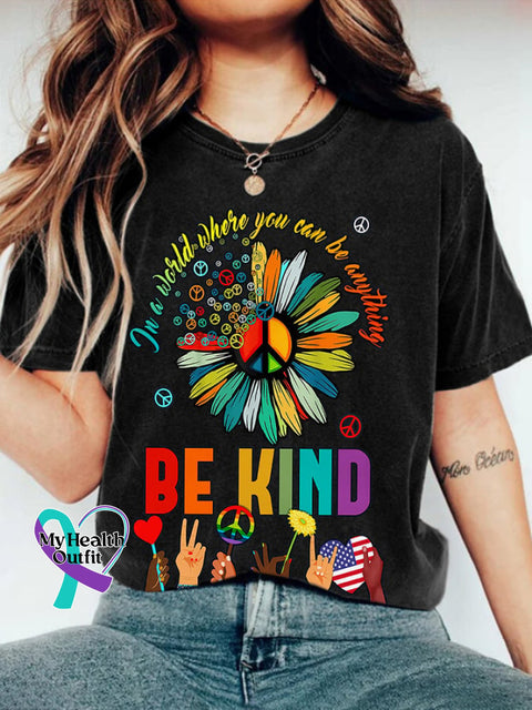 Retro Hippie In A World Where You Can Be Anything Kind Print T-Shirt Black / S