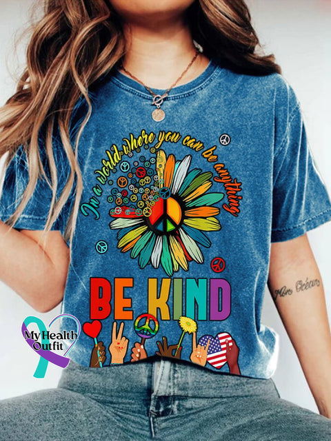 Retro Hippie In A World Where You Can Be Anything Kind Print T-Shirt Blue / S