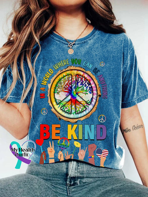 Retro Hippie In A World Where You Can Be Anything Kind Print T-Shirt Blue / S