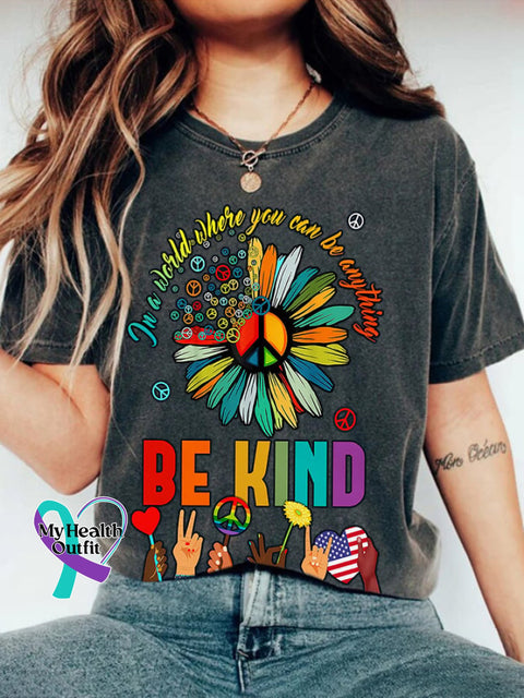 Retro Hippie In A World Where You Can Be Anything Kind Print T-Shirt Dark Grey / S