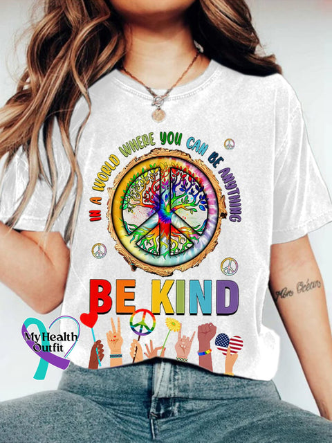 Retro Hippie In A World Where You Can Be Anything Kind Print T-Shirt White / S