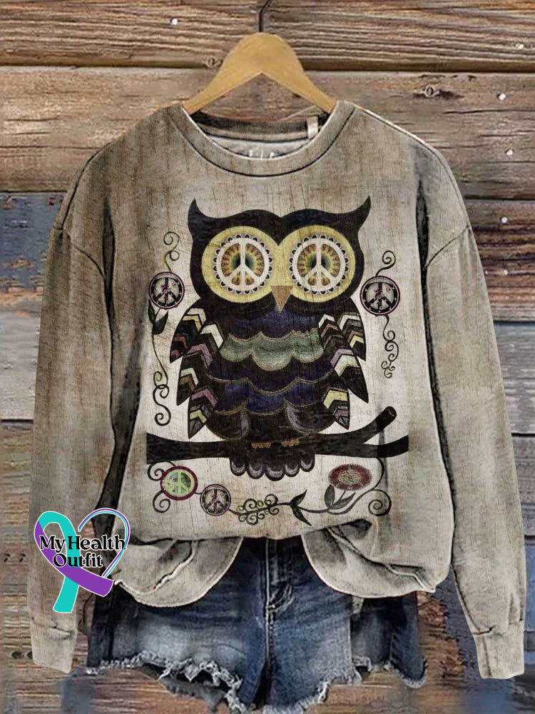 Retro Hippie Owl Peace Sign Love And Casual Sweatshirt Multicolor / S