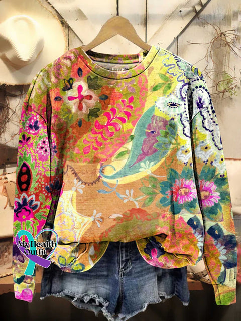 Retro Hippie Pattern Casual Sweatshirt Multicolor / S