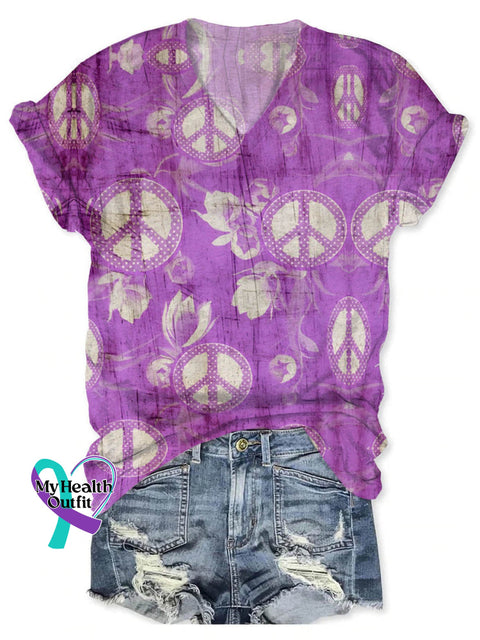 Retro Hippie Peace And Love Art Print V-Neck Casual T-Shirt Purple / S