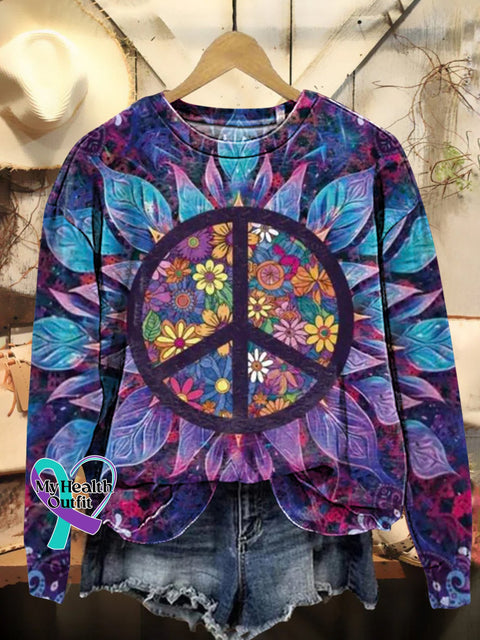 Retro Hippie Peace Sign Flowers Love And Print Casual Sweatshirt Multicolor / S