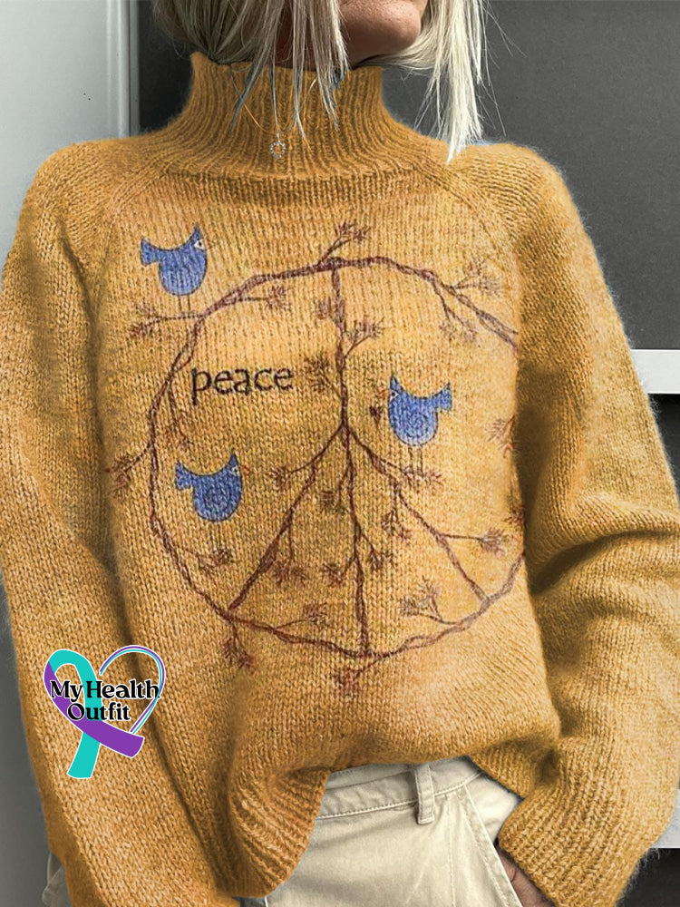 Retro Hippie Peace Sign Love And Print Knit Turtleneck Pullover Sweater Multicolor / S