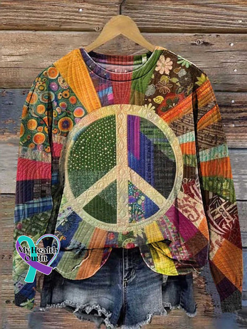 Retro Hippie Peace Sign Love And Collage Print Casual Sweatshirt Multicolor / S