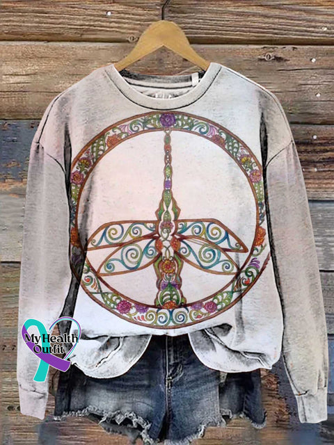 Retro Hippie Peace Sign Love And Dragonfly Casual Sweatshirt Multicolor / S