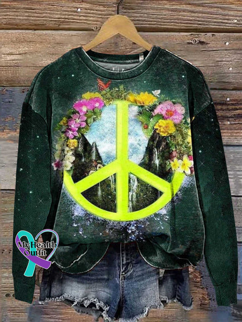 Retro Hippie Peace Sign Love And Flower Casual Sweatshirt Multicolor / S