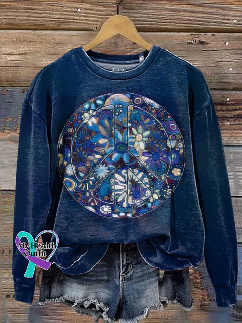 Retro Hippie Peace Sign Love And Flower Casual Sweatshirt Multicolor / S