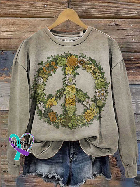 Retro Hippie Peace Sign Love And Flower Casual Sweatshirt Multicolor / S