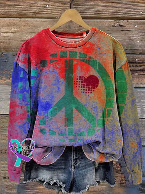 Retro Hippie Peace Sign Love And Heart Shaped Casual Sweatshirt Multicolor / S