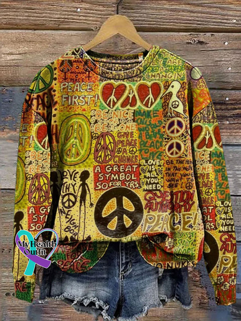 Retro Hippie Print Casual Sweatshirt Multicolor / S