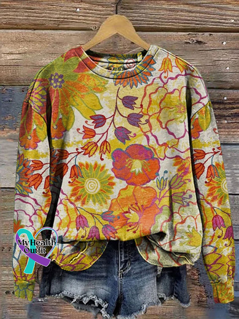 Retro Hippie Print Casual Sweatshirt Multicolor / S