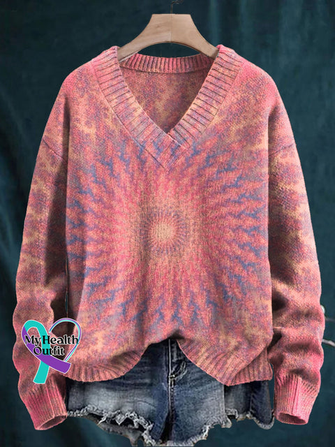 Retro Kaleidoscope Breast Cancer Awareness Print Knit V-Neck Pullover Sweater Multicolor / S