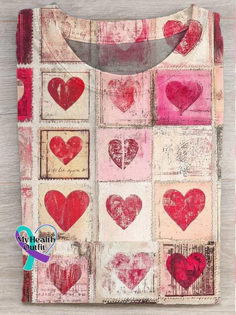 Retro Love Checkerboard Print Casual Round Neck Short Sleeve T-Shirt Multicolor / S