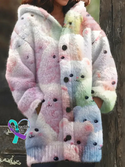 Retro Lovely Bear Cozy Knit Hooded Cardigan Multicolor / S