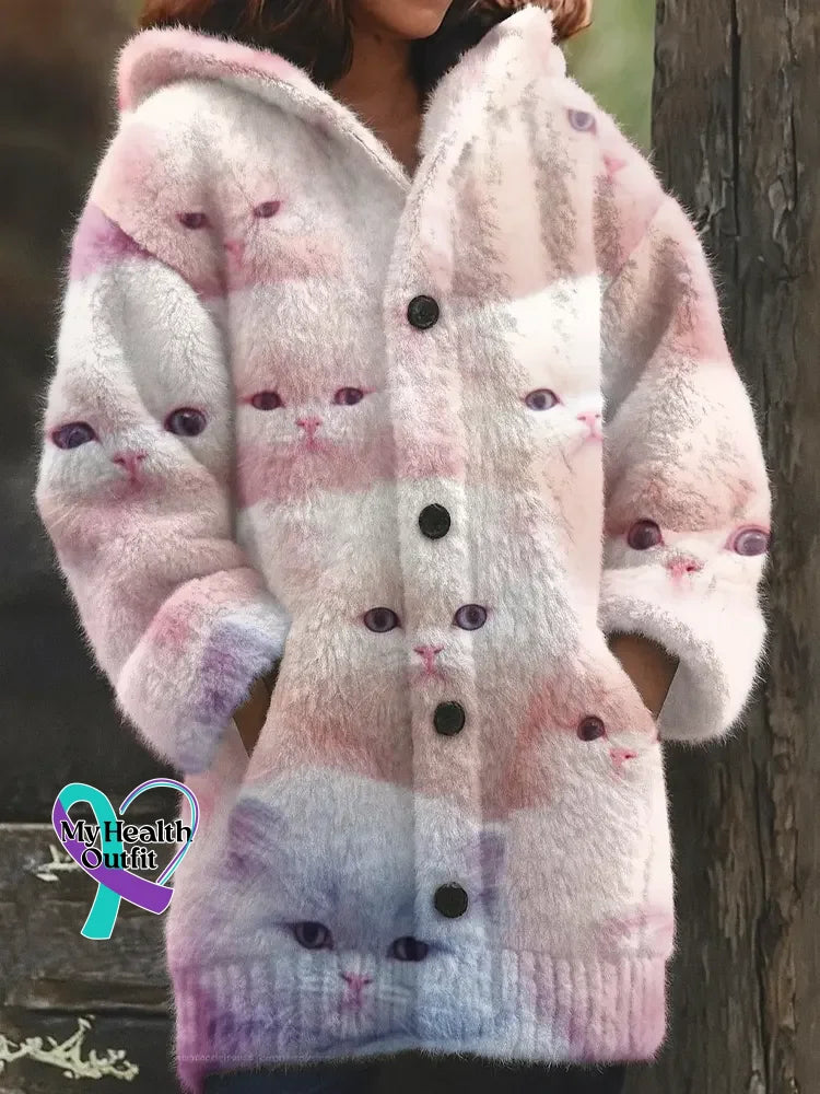 Retro Lovely Christmas Cats Cozy Knit Hooded Cardigan Multicolor / S