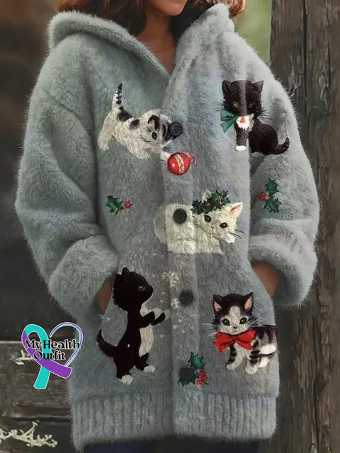Retro Lovely Christmas Cats Cozy Knit Hooded Cardigan Multicolor / S