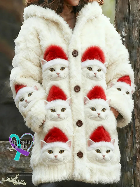 Retro Lovely Christmas Cats Cozy Knit Hooded Cardigan Multicolor / S