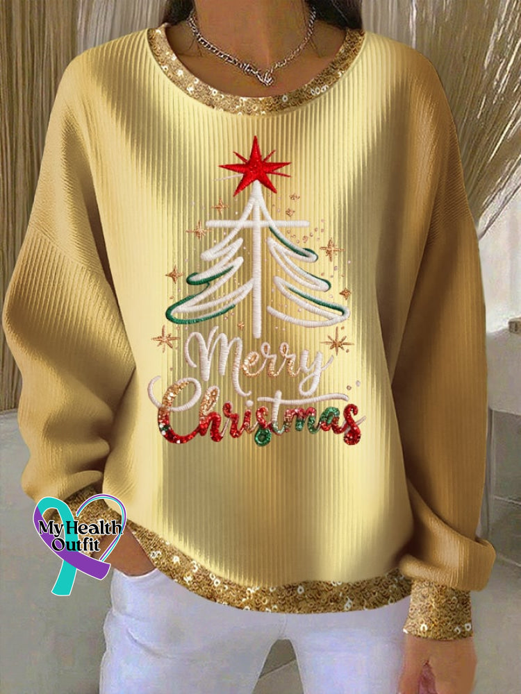 Retro Retro Merry Christmas Cross Christmas Print Sweatshirt Gold / S
