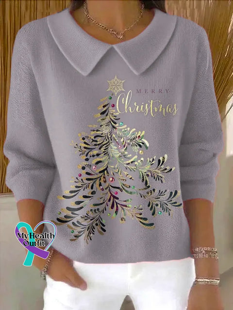 Retro Merry Christmas Christmas Tree Casual Peter Pan Collar 3/4 Sleeve Sweater Multicolor / S