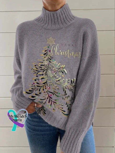 Retro Merry Christmas Christmas Tree Print Knit Turtleneck Pullover Sweater Multicolor / S