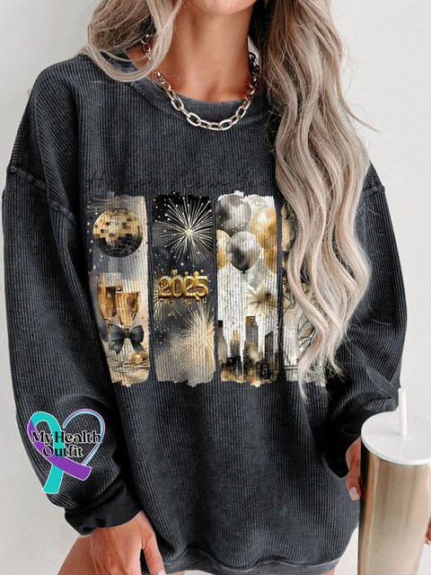 Retro New Year 2025 Gold Women’s Casual Print Corduroy Sweatshirt Black / S