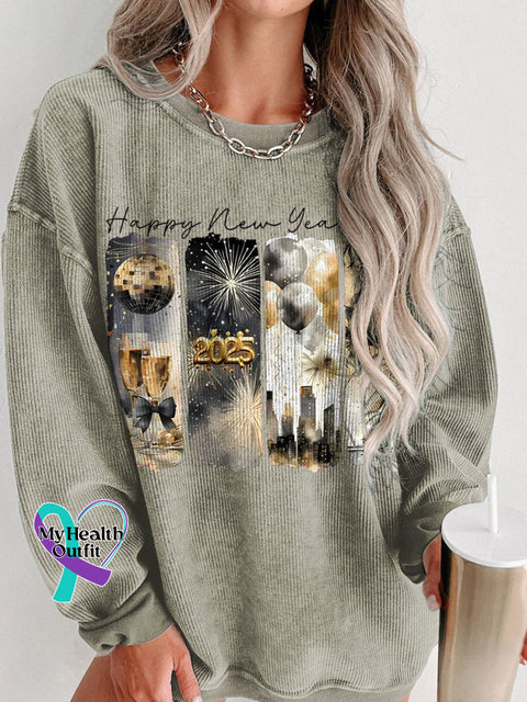 Retro New Year 2025 Gold Women’s Casual Print Corduroy Sweatshirt Brown / S