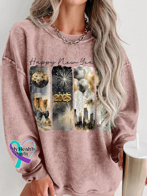 Retro New Year 2025 Gold Women’s Casual Print Corduroy Sweatshirt Pink / S