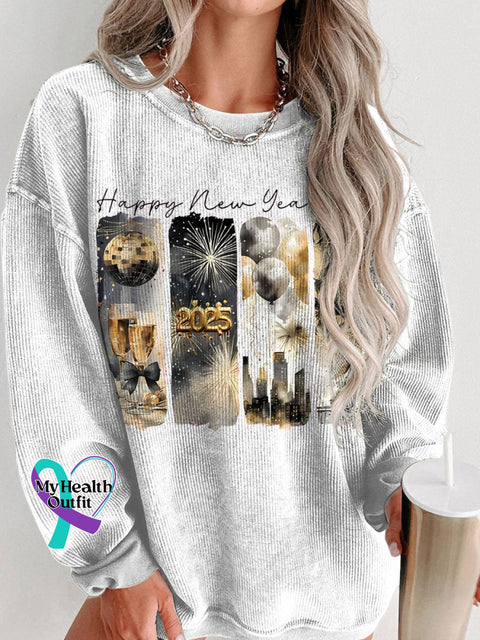 Retro New Year 2025 Gold Women’s Casual Print Corduroy Sweatshirt White / S