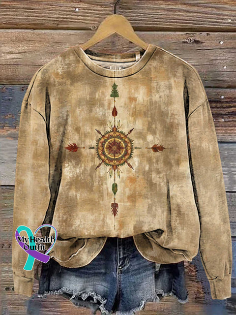 Retro Pattern Casual Cotton Sweatshirt Multicolor / S