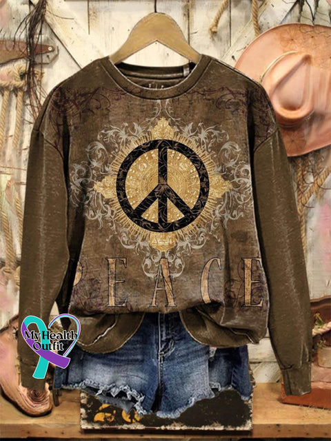 Retro Peace And Love Pattern Art Print Casual Sweatshirt Brown / S