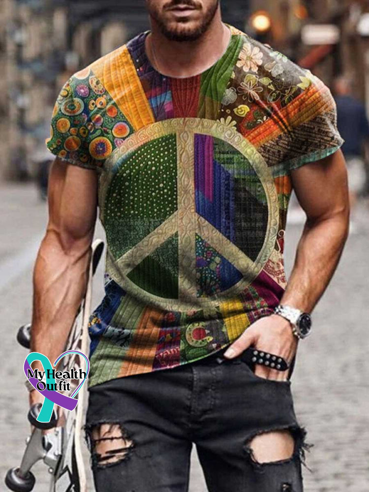 Retro Hippie Peace Sign Love And Collage Print T-Shirt Multicolor / S