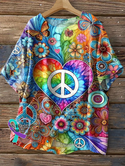 Retro Peace Floral Print Casual Round Neck Cotton Linen Shirt Multicolor / S