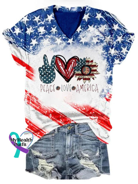 Retro Peace Love America Flag Art Casual T-Shirt Multicolor / S