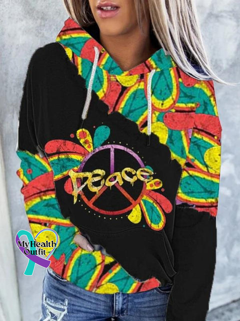 Retro Peace Love Art Casual Hoodie Sweatshirt Multicolor / S